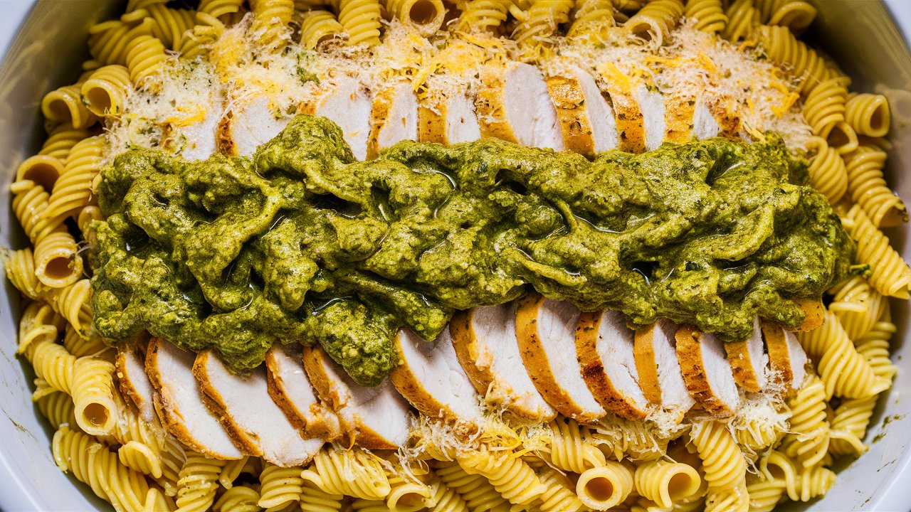 Crock Pot Pesto Chicken Pasta Casserole